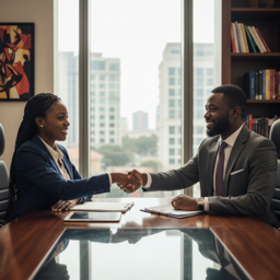 African legal professionals in a mediation session at a modern Nigerian law office