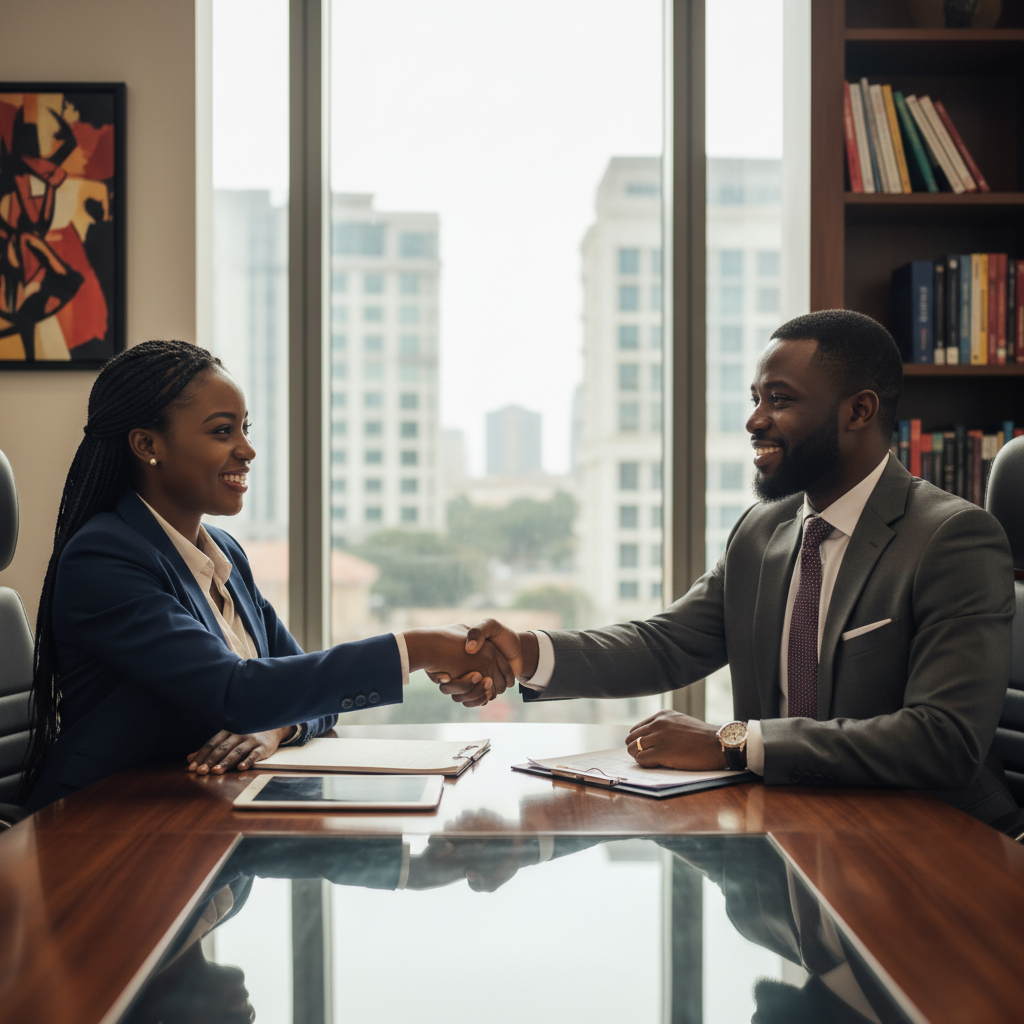 African legal professionals in a mediation session at a modern Nigerian law office