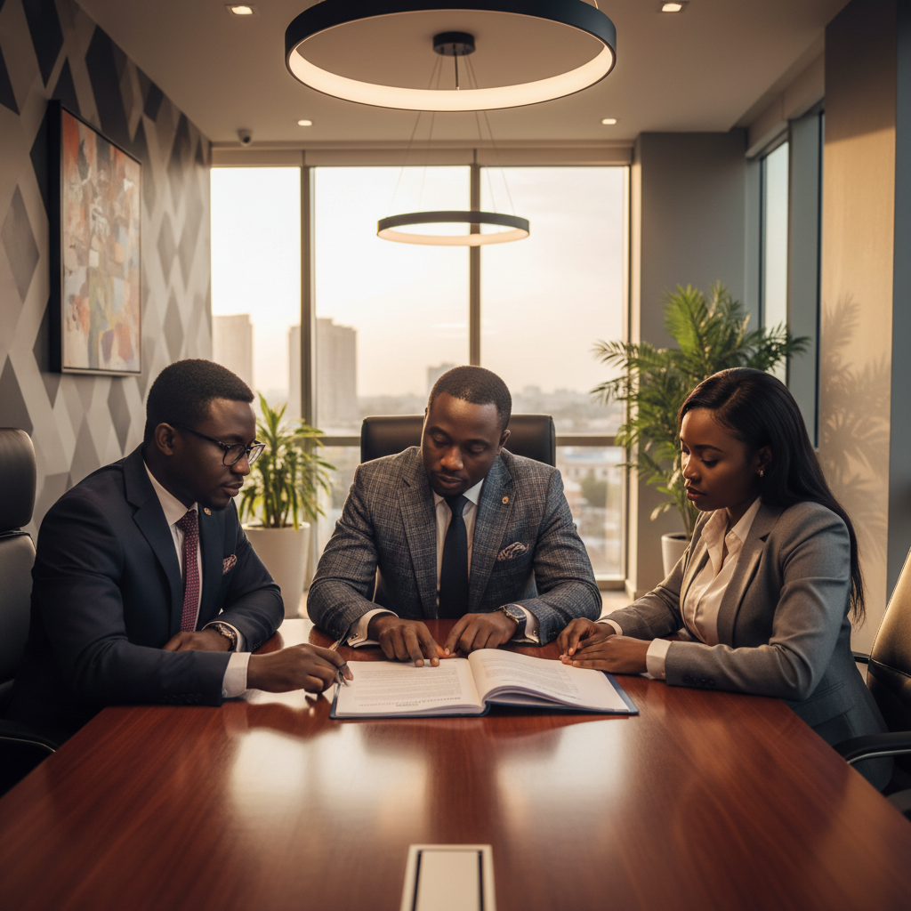 Nigerian business professionals reviewing a commercial contract in a modern Abuja corporate boardroom