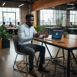 Nigerian fintech entrepreneur working on laptop and smartphone in a modern Lagos co-working space