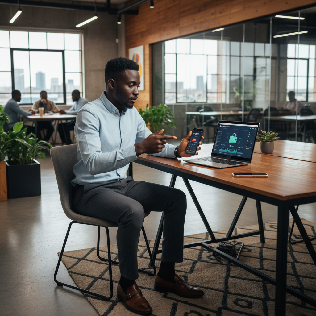 Nigerian fintech entrepreneur working on laptop and smartphone in a modern Lagos co-working space