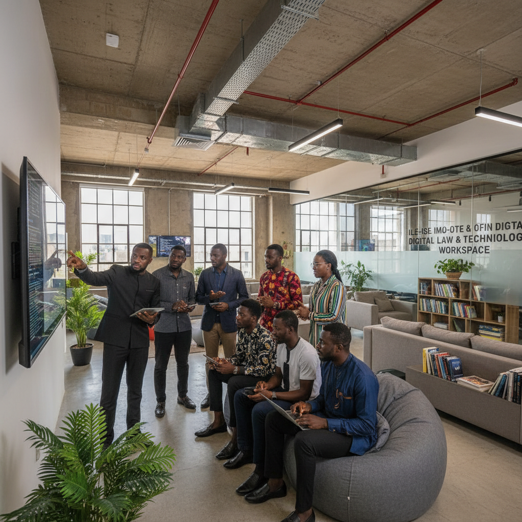 African technology professionals collaborating in a modern open-plan tech office in Lagos Nigeria